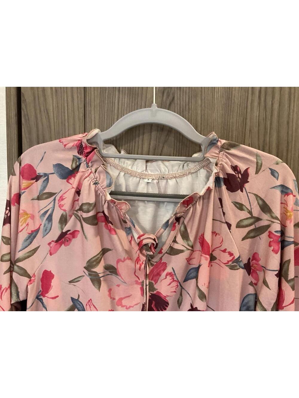 Womens Pink / Floral Long Sleeve Tie/ruffle Neck Blouse Size Small - Picture 3 of 8